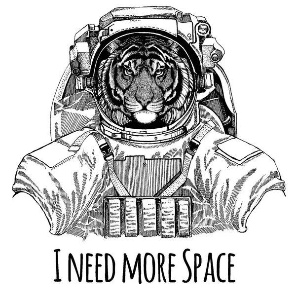 Wilder Tiger Astronaut. Raumanzug. Handgezeichnetes Löwenbild für Tätowierung, T-Shirt, Emblem, Abzeichen, Logo-Aufnäher Kindergartenposter Kinderkleidung — Stockvektor