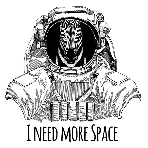Astronauta Caballo de Cebra. Traje espacial. Imagen dibujada a mano de león para tatuaje, camiseta, emblema, insignia, logotipo parche kindergarten cartel ropa de los niños — Vector de stock