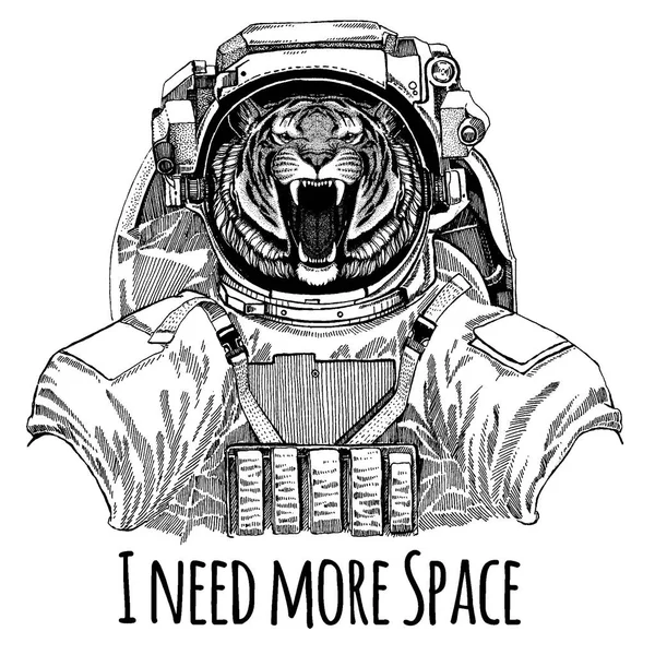 Wild tiger Astronaut. Space suit. Hand drawn image of lion for tattoo, t-shirt, emblem, badge, logo patch kindergarten poster children clothing Stock Illustration