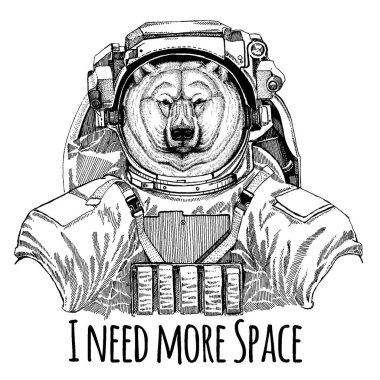 Büyük kutup ayısı, beyaz ayı astronot. Uzay giysisi. Aslan dövme, t-shirt, amblem, rozet, logo yama anaokulu posteri çocuk giyim için çizilmiş resim el
