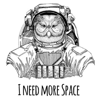 Kabarık Farsça kedi astronot portresi. Uzay giysisi. Aslan dövme, t-shirt, amblem, rozet, logo yama anaokulu posteri çocuk giyim için çizilmiş resim el