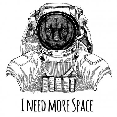 Panter Puma Cougar vahşi kedi astronot. Uzay giysisi. Aslan dövme, t-shirt, amblem, rozet, logo yama anaokulu posteri çocuk giyim için çizilmiş resim el