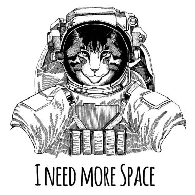 Yerli kedi astronot görüntüsü. Uzay giysisi. Aslan dövme, t-shirt, amblem, rozet, logo yama anaokulu posteri çocuk giyim için çizilmiş resim el