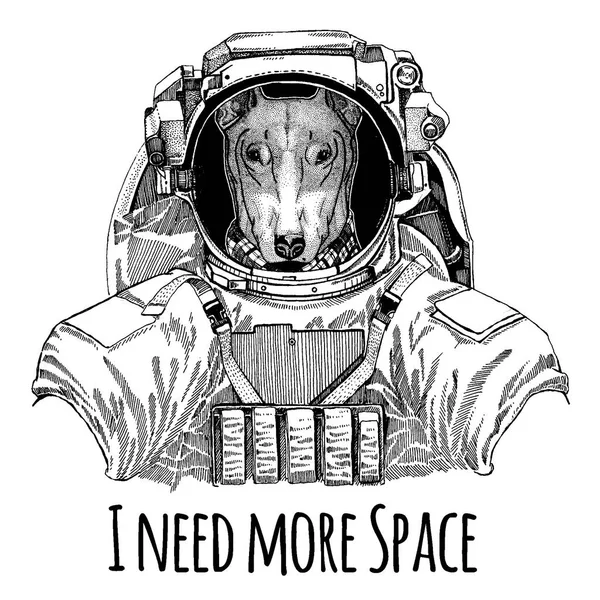 Hund für T-Shirt-Design Astronaut. Raumanzug. Handgezeichnetes Löwenbild für Tätowierung, T-Shirt, Emblem, Abzeichen, Logo-Aufnäher Kindergartenposter Kinderkleidung — Stockvektor