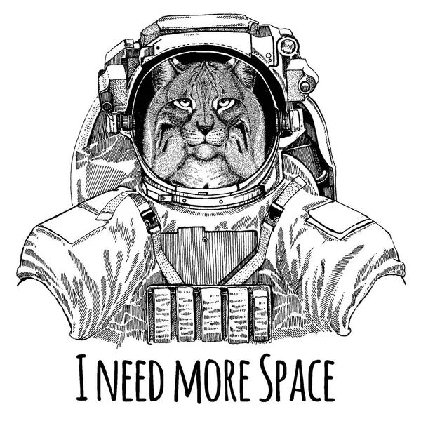 Gato salvaje Lynx Bobcat Trot Astronaut. Traje espacial. Imagen dibujada a mano de león para tatuaje, camiseta, emblema, insignia, logotipo parche kindergarten cartel ropa de los niños — Vector de stock