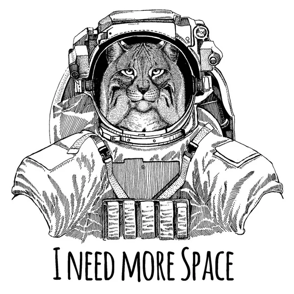 Wildkatze Luchs bobcat trab Astronaut. Raumanzug. Handgezeichnetes Löwenbild für Tätowierung, T-Shirt, Emblem, Abzeichen, Logo-Aufnäher Kindergartenposter Kinderkleidung — Stockvektor