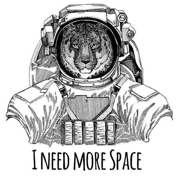 Vadon macska Leopard macska-o-hegyi párduc űrhajós. Űrruha. Kézzel rajzolt kép oroszlán, tetoválás, póló, jelkép, jelvény, logo patch óvoda poszter gyermek ruházat — Stock Vector