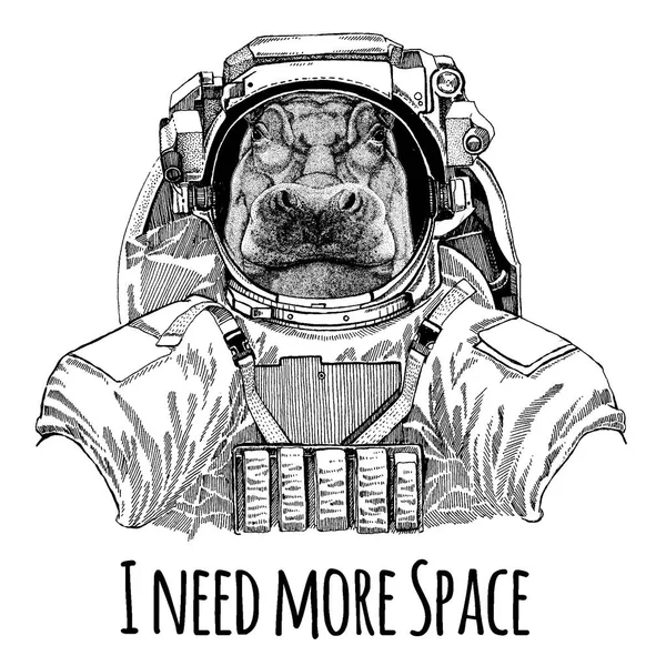 Hippo, Hippopotamus, behemoth, River-horse Astronaut. Traje espacial. Imagen dibujada a mano de león para tatuaje, camiseta, emblema, insignia, logotipo parche kindergarten ropa para niños — Archivo Imágenes Vectoriales