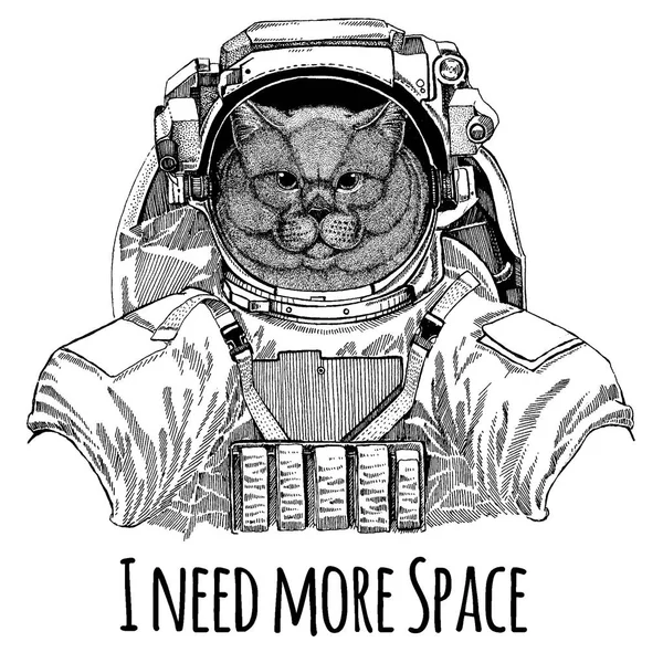 Gato noble británico Astronauta Masculino. Traje espacial. Imagen dibujada a mano de león para tatuaje, camiseta, emblema, insignia, logotipo parche kindergarten cartel ropa de los niños — Archivo Imágenes Vectoriales