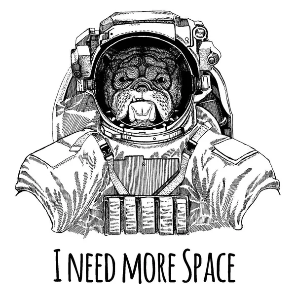 Bulldog Astronaut. Rymddräkt. Handen ritade bilden av lion för tatuering, t-shirt, emblem, badge, logo patch dagis affischen barn kläder — Stock vektor