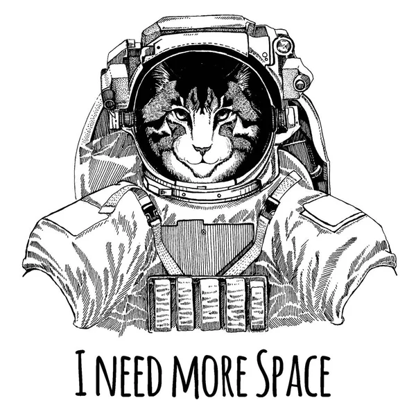 Bild der Hauskatze Astronaut. Raumanzug. Handgezeichnetes Löwenbild für Tätowierung, T-Shirt, Emblem, Abzeichen, Logo-Aufnäher Kindergartenposter Kinderkleidung — Stockvektor