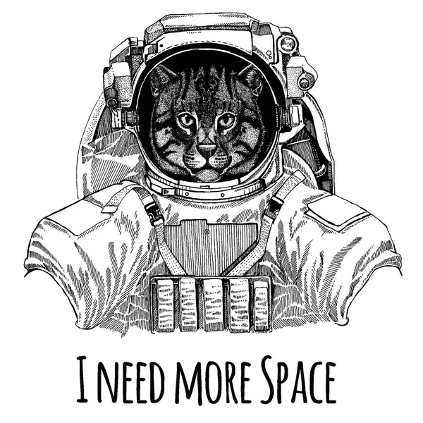 Gato salvaje Gato de pesca Astronauta. Traje espacial. Imagen dibujada a mano de león para tatuaje, camiseta, emblema, insignia, logotipo parche kindergarten cartel ropa de los niños — Vector de stock