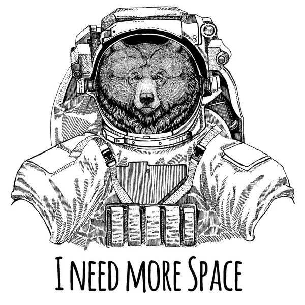 Niedźwiedź Grizzly duży dziki niedźwiedź astronauta. Skafander kosmiczny. Ręcznie rysowane obraz Lwa tatuaż, t-shirt, godło, odznaka, logo przedszkola patch plakat Odzież dziecięca — Wektor stockowy
