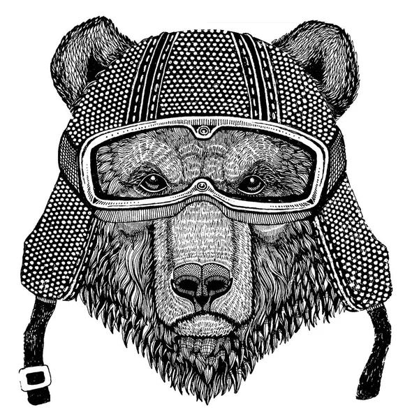 Bruine beer Russische beer Dier met motorfietshelm. Afbeelding voor kleuterschool kinderen kleding, kinderen. T-shirt, tatoeage, embleem, badge, logo, patch — Stockvector