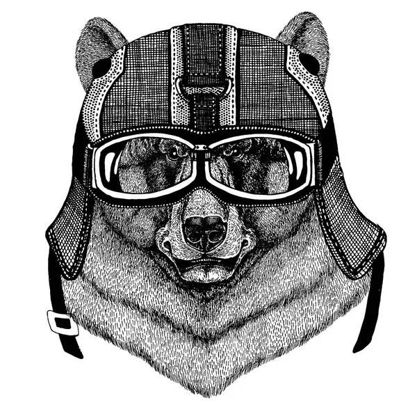 Orso nero Animale che indossa il casco da moto. Immagine per bambini della scuola materna abbigliamento, bambini. T-shirt, tatuaggio, emblema, distintivo, logo, patch — Vettoriale Stock