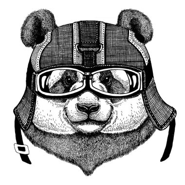 Panda, motorsiklet kaskı takan bambu ayı hippi hayvan. Anaokulu çocuk kıyafetleri, çocuklar için görüntü. Tişört, dövme, amblem, rozet, logo, yama