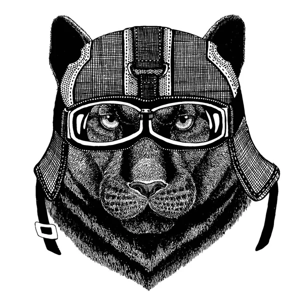 Schwarzer Panther Hipster mit Motorradhelm. Image für Kindergarten Kinderkleidung, Kinder. T-Shirt, Tätowierung, Emblem, Abzeichen, Logo, Aufnäher — Stockvektor