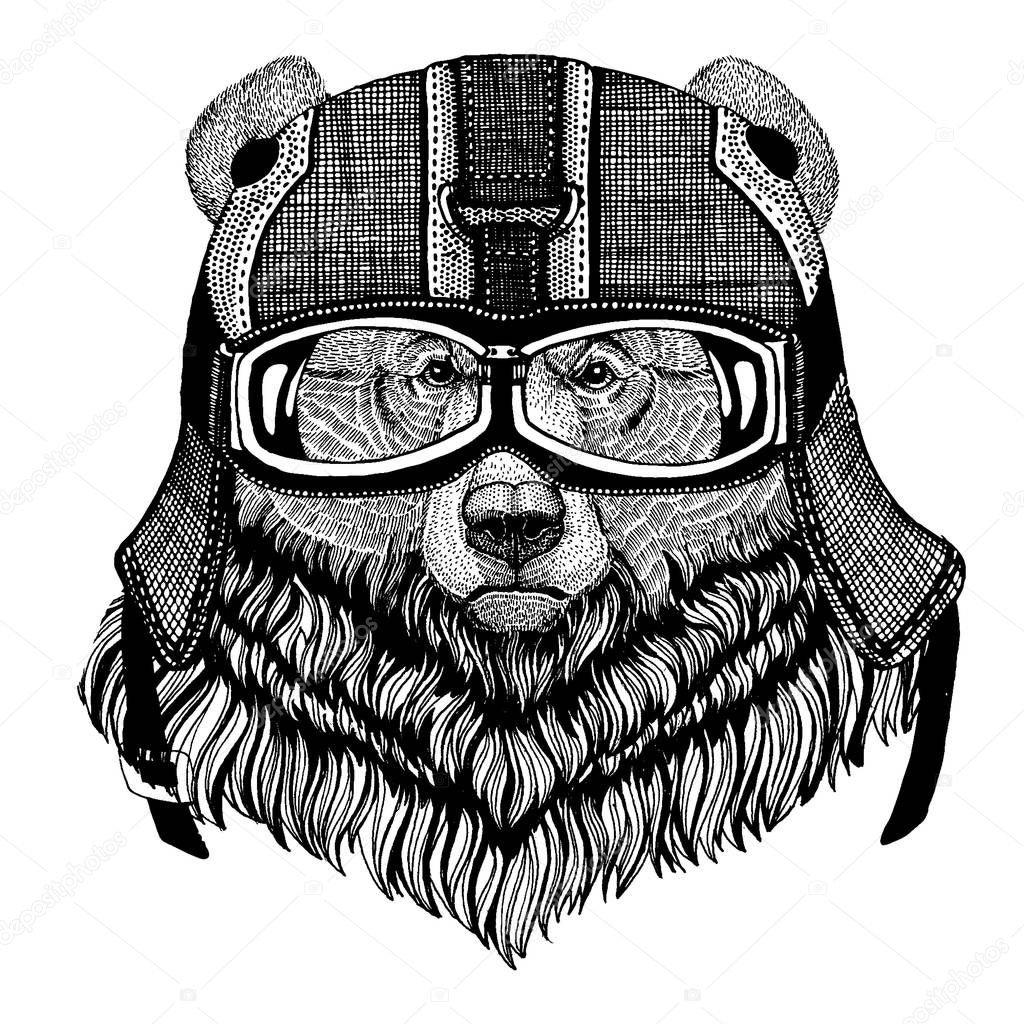 Animal wearing motorycle helmet. Image for kindergarten children clothing, kids. T-shirt, tattoo, emblem, badge, logo patches