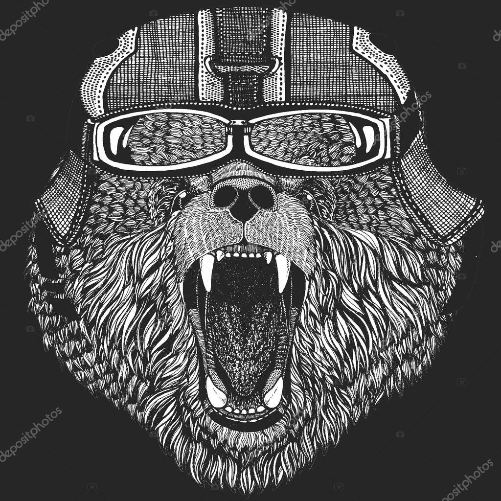 Wild animal wearing motorcycle helmet Crazy biker for t-shirt, emblem, tattoo, patch, logo