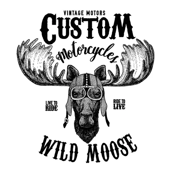 Moose, elk Biker, motorcycle animal. Hand drawn image for tattoo, emblem, badge, logo, patch, t-shirt — Stock Vector