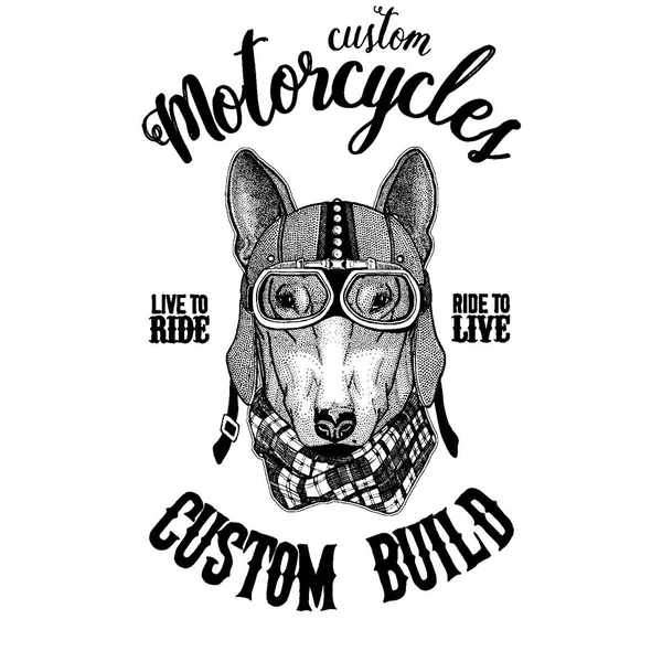DOG para t-shirt design Biker, animal de motocicleta. Imagem desenhada à mão para tatuagem, emblema, crachá, logotipo, patch, t-shirt —  Vetores de Stock