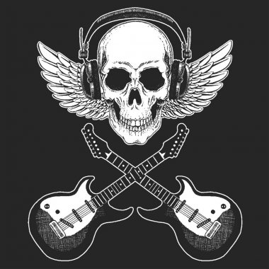 Rock Müzik Festivali. Serin baskı poster, afiş, t-shirt için. Elektro gitar ile kulaklıklar giyen kafatası. Heavy metal parti. Rock-n-roll yıldızı
