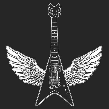 Güzel gitar. Rock Müzik Festivali için amblemi. Ağır metal konseri. T-shirt baskı, poster. Müzik aleti. Rozet, logosu sanat