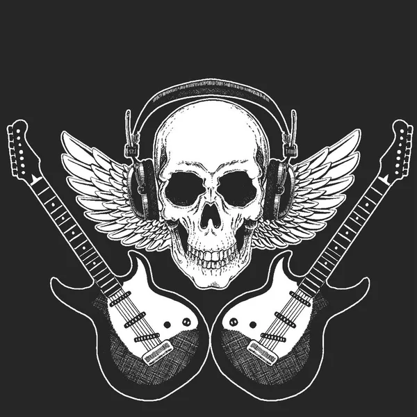록 음악 축제입니다. 포스터, 배너, t-셔츠 멋진 인쇄입니다. 전기 기타와 함께 헤드폰을 착용 하는 해골. 헤비 메탈 파티입니다. 락-앤-롤 스타 — 스톡 벡터