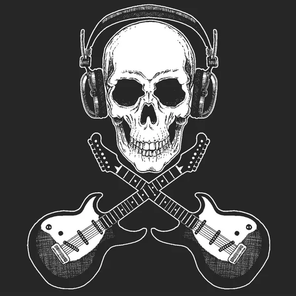 Festival de música rock. Impressão legal para cartaz, banner, t-shirt. Crânio usando fones de ouvido com guitarra elétrica. Festa de heavy metal. Estrela de rock-n-roll — Vetor de Stock
