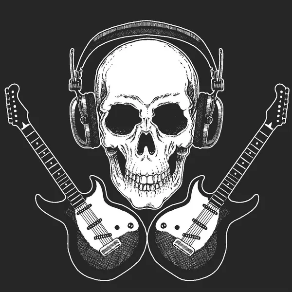 Festival de música rock. Impressão legal para cartaz, banner, t-shirt. Crânio usando fones de ouvido com guitarra elétrica. Festa de heavy metal. Estrela de rock-n-roll — Vetor de Stock