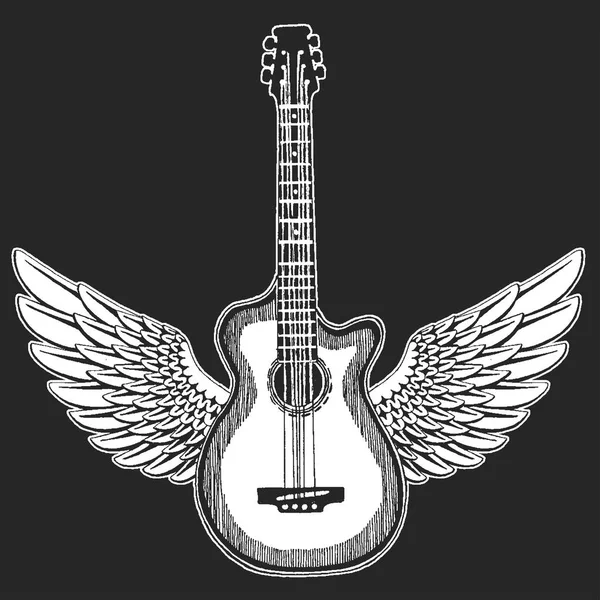 Guitarra genial. emblema de rock para el festival de música. Concierto Heavy Metall. Camiseta impresa, póster. Instrumento musical. Insignia, arte del logotipo — Vector de stock