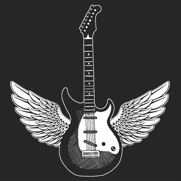 Guitarra genial. emblema de rock para el festival de música. Concierto Heavy Metall. Camiseta impresa, póster. Instrumento musical. Insignia, arte del logotipo — Vector de stock