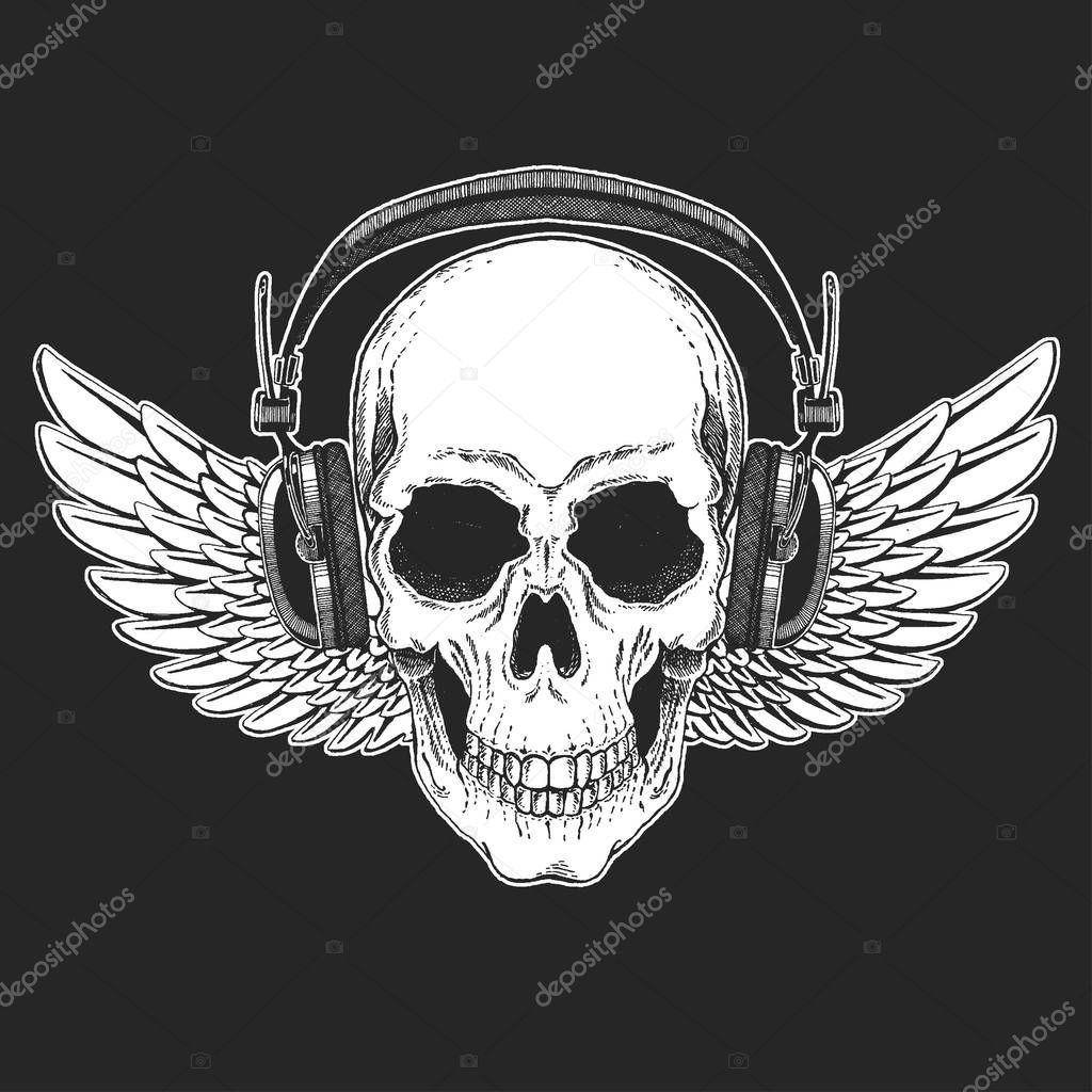 Rock music festival. Cool print for poster, banner, t-shirt. Skull wearing headphones with electric guitar. Heavy metal party. Rock-n-roll star