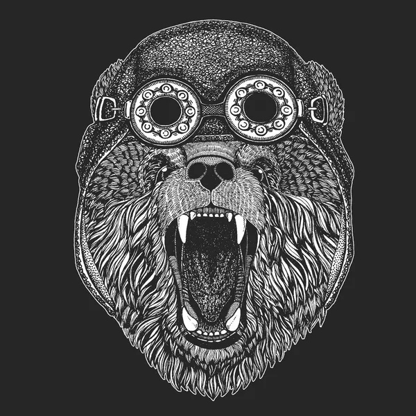 Ведмідь Намальована рука для татуювання, футболка, емблема, значок, логотип, патч Прохолодна тварина, що носить авіатор, мотоцикл, велосипедний шолом . — стоковий вектор