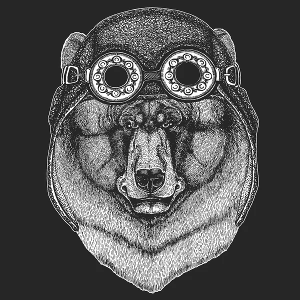 Urso preto ilustração desenhada à mão para tatuagem, t-shirt, emblema, crachá, logotipo, patch Aviador de uso animal fresco, motocicleta, capacete de motociclista . — Vetor de Stock