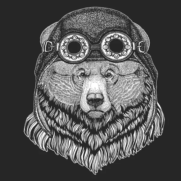 Grizzly bear Grande orso selvatico Immagine disegnata a mano per tatuaggio, t-shirt, emblema, distintivo, logo, patch Cool animal wearing aviator, moto, casco biker . — Vettoriale Stock