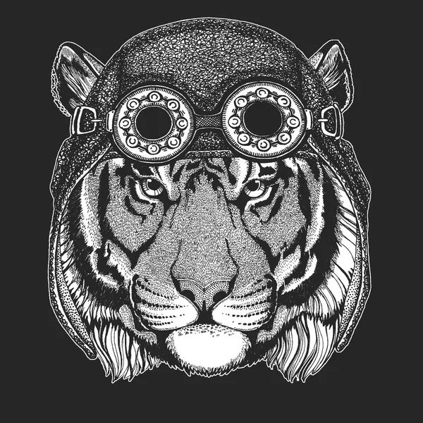 Tigre sauvage Image dessinée à la main pour tatouage, emblème, insigne, logo, patch, t-shirt Cool animal portant aviateur, moto, casque de motard . — Image vectorielle