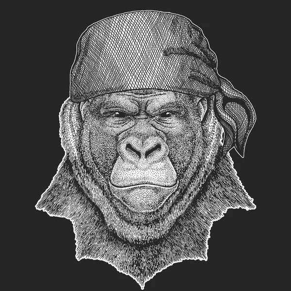 Gorilla, monkey, ape Cool pirate, seaman, seawolf, sailor, biker animal for tattoo, t-shirt, emblem, badge, logo, patch. Image with motorcycle bandana — Stock Vector