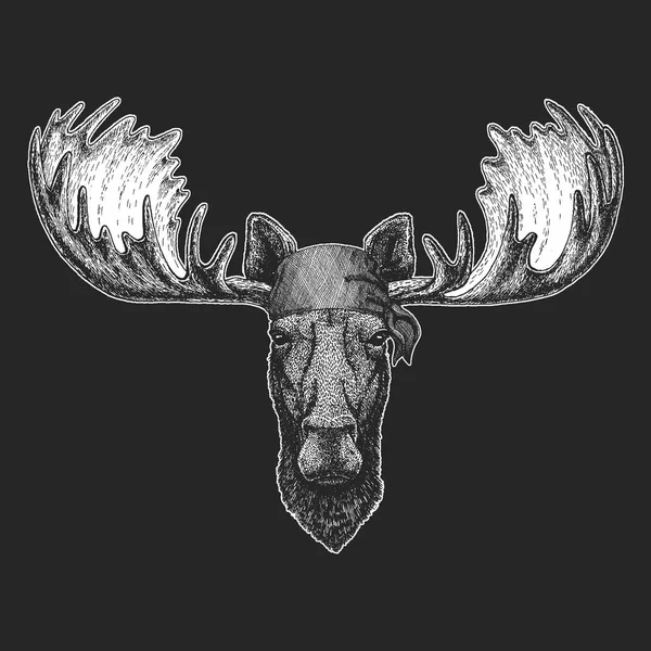 Moose, elk Cool pirate, seaman, seawolf, sailor, biker animal for tattoo, t-shirt, emblem, badge, logo, patch. Image with motorcycle bandana — Stock Vector