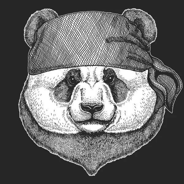 Панда медведь Крутой пират, моряк, морской волк, моряк, байкер животное для татуировки, футболка, эмблема, значок, логотип, пластырь. Изображение с мотоциклетной банданой — стоковый вектор