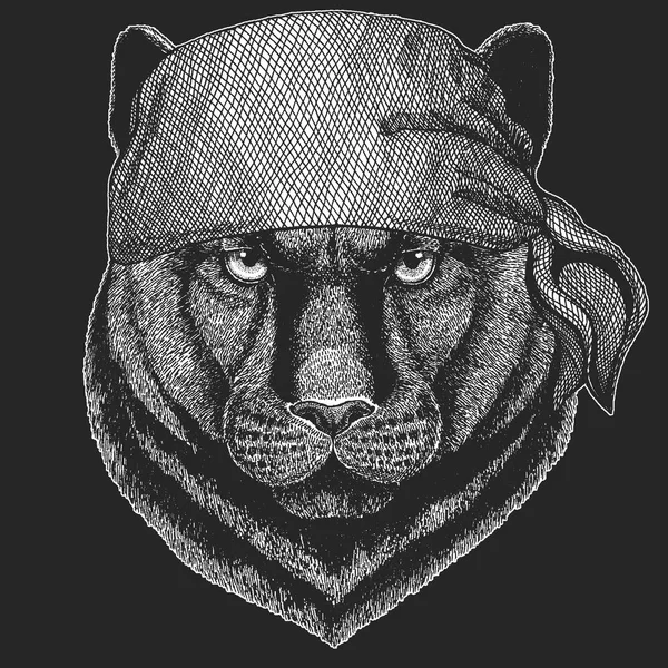Panther Puma Cougar Wild cat Cool pirate, seaman, seawolf, sailor, biker animal for tattoo, t-shirt, emblem, badge, logo, patch. Image with motorcycle bandana — Stock Vector
