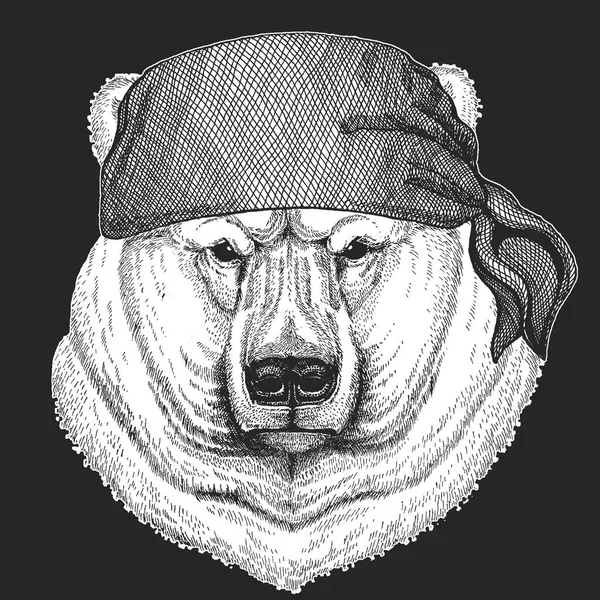 Grote witte ijsbeer Cool piraat, zeeman, USS seawolf, matroos, biker dier voor tattoo, t-shirt, embleem, badge, logo, patch. Afbeelding met motorfiets bandana — Stockvector