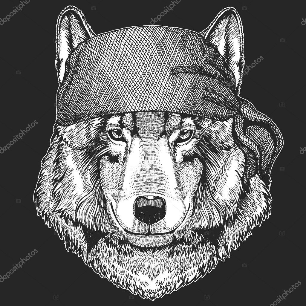 Wolf Dog Hand drawn image for tattoo, emblem, badge, logo, patch