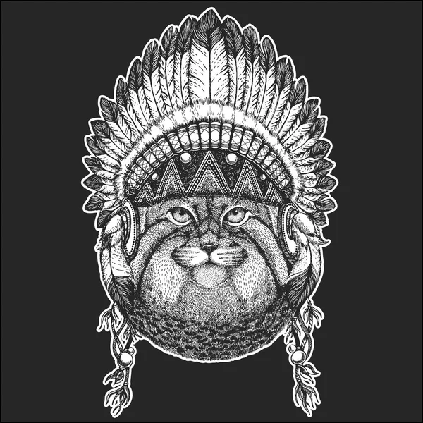 Selvagem gato Manul Cool animal vestindo nativo americano indígena cobertura para a cabeça com penas Boho estilo chique Imagem desenhada à mão para tatuagem, emblema, emblema, logotipo, patch —  Vetores de Stock