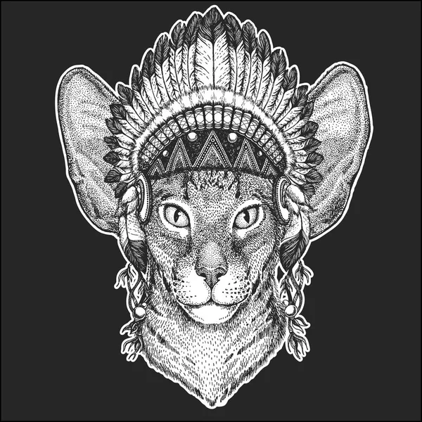Восточная кошка с большими ушами Крутое животное в индейском головном уборе с перьями Бохо шикарный стиль Ручной рисунок для татуировки, эмблемы, значка, логотипа, нашивки — стоковый вектор