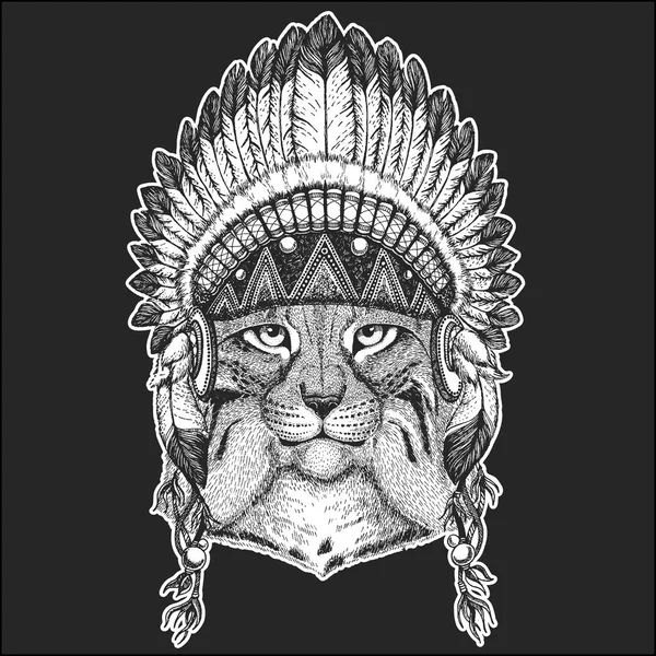 Dziki kot sobie native american indian nakrycia głowy z piór Boho elegancki styl strony Lynx Bobcat kłus fajne zwierząt rysowane obrazu dla tatuaż, godło, odznaka, logo, łata — Wektor stockowy