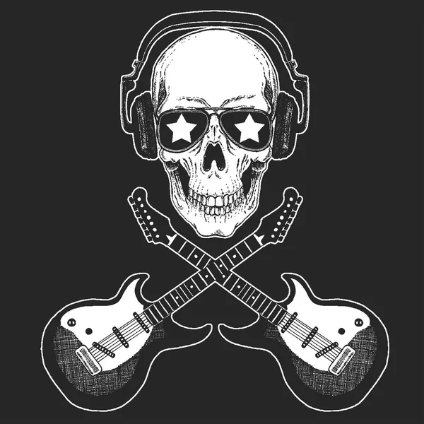 Rock müzik festivali. Gitarlı bir kafatası. Poster, afiş, tişört için havalı baskı. — Stok Vektör