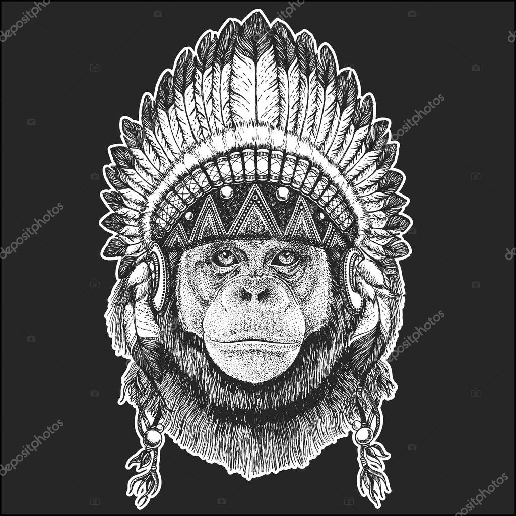 Chimpanzee Monkey Hand drawn illustration for tattoo, emblem, badge, logo, patch, t-shirt