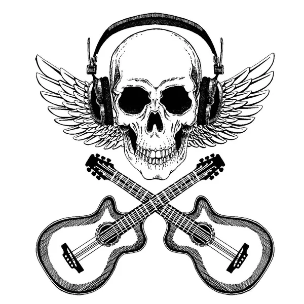 クールなベクトル ロック音楽スカル t シャツ、エンブレム、ロゴ、タトゥー、スケッチ、パッチのためのヘッドフォン — ストックベクタ