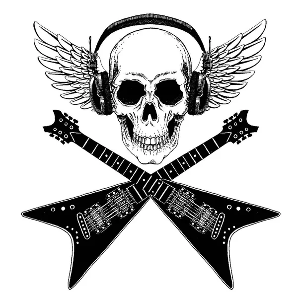 Crânio de música rock vetorial legal com fones de ouvido para t-shirt, emblema, logotipo, tatuagem, esboço, patch — Vetor de Stock